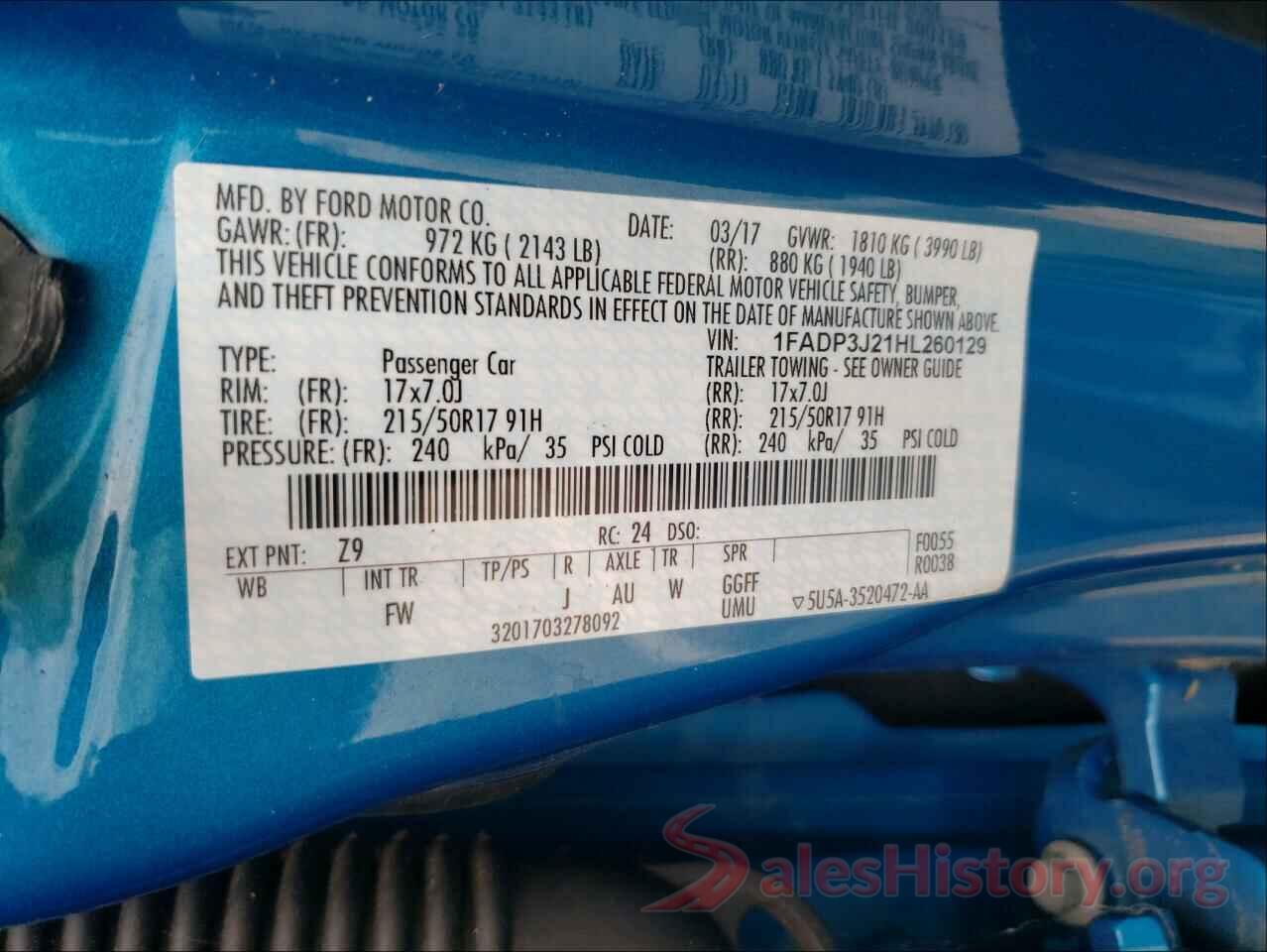 1FADP3J21HL260129 2017 FORD FOCUS