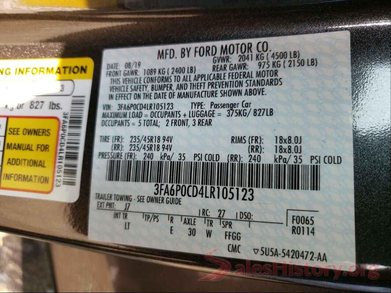 3FA6P0CD4LR105123 2020 FORD FUSION