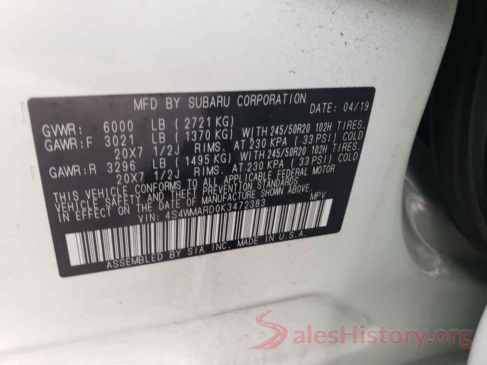 4S4WMARD0K3472383 2019 SUBARU ASCENT