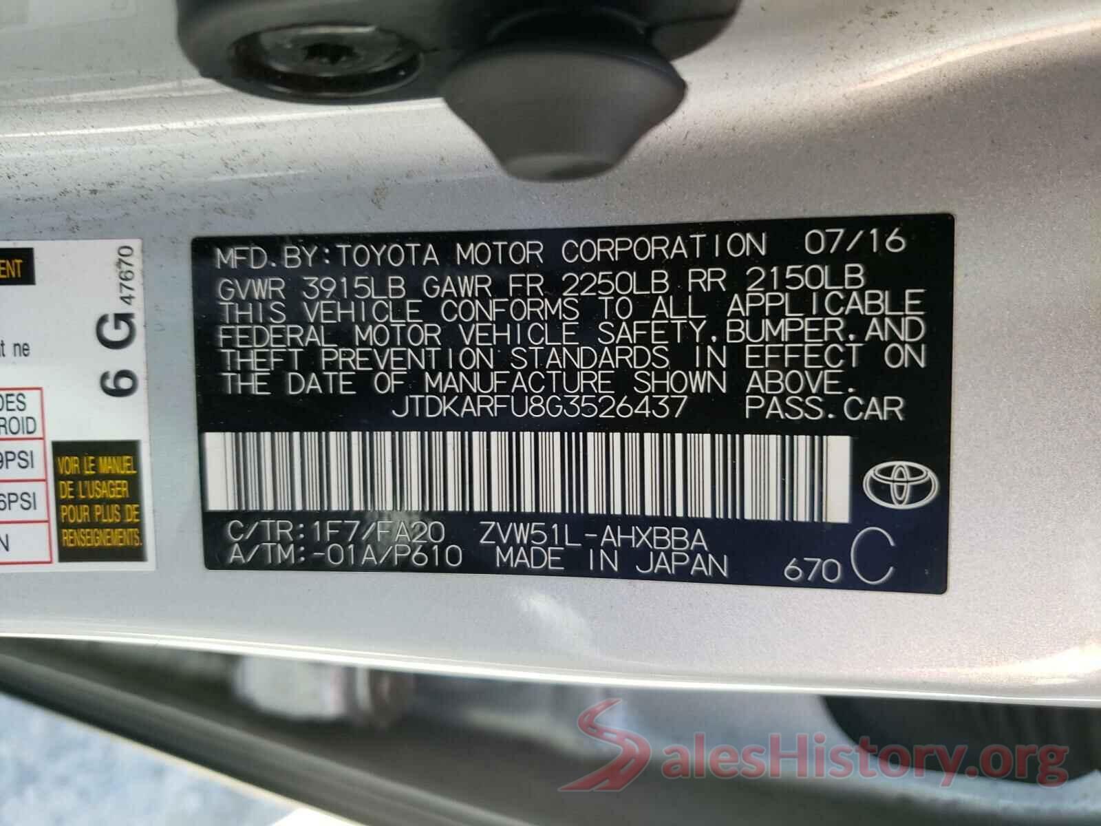 JTDKARFU8G3526437 2016 TOYOTA PRIUS