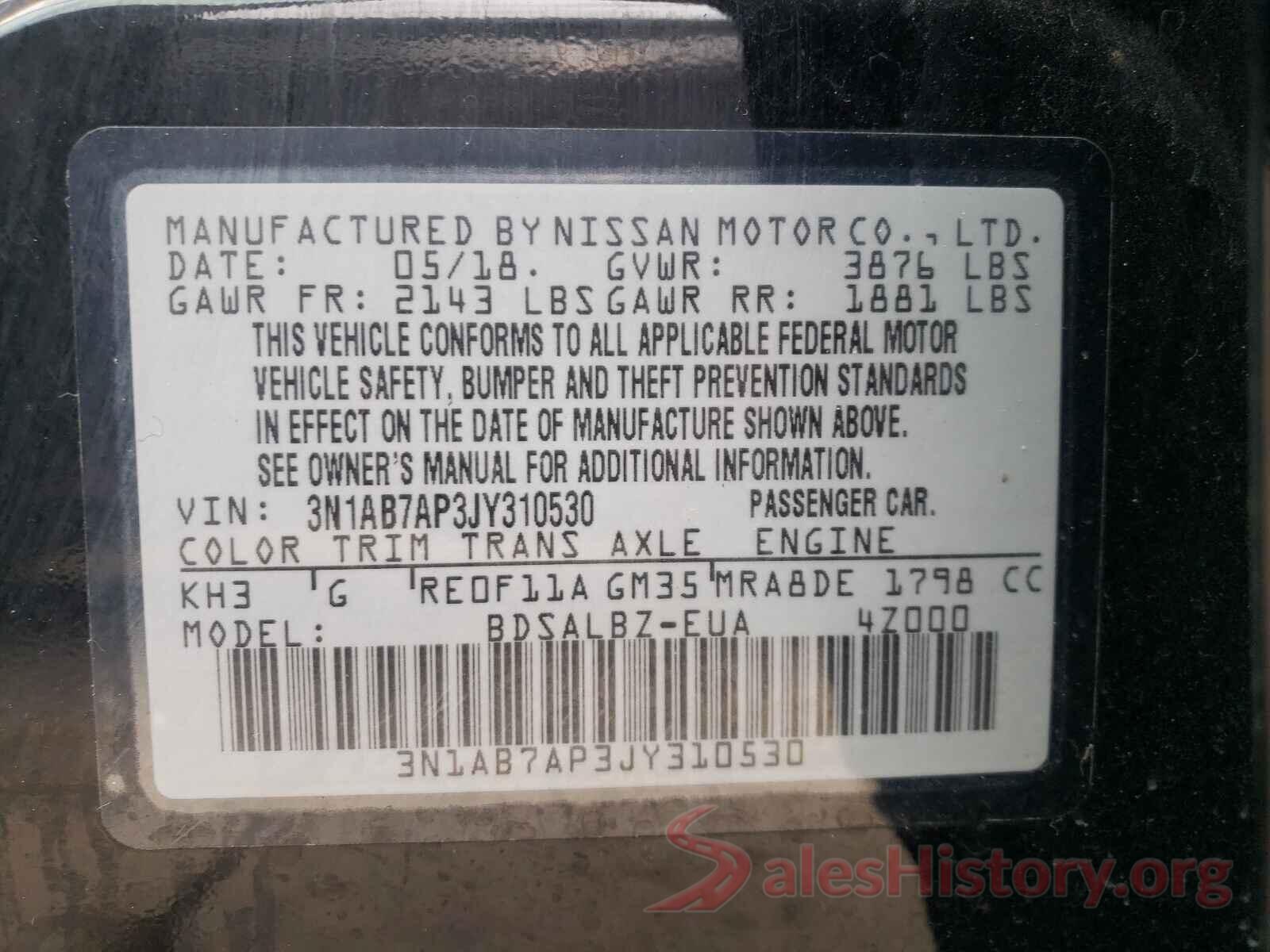 3N1AB7AP3JY310530 2018 NISSAN SENTRA