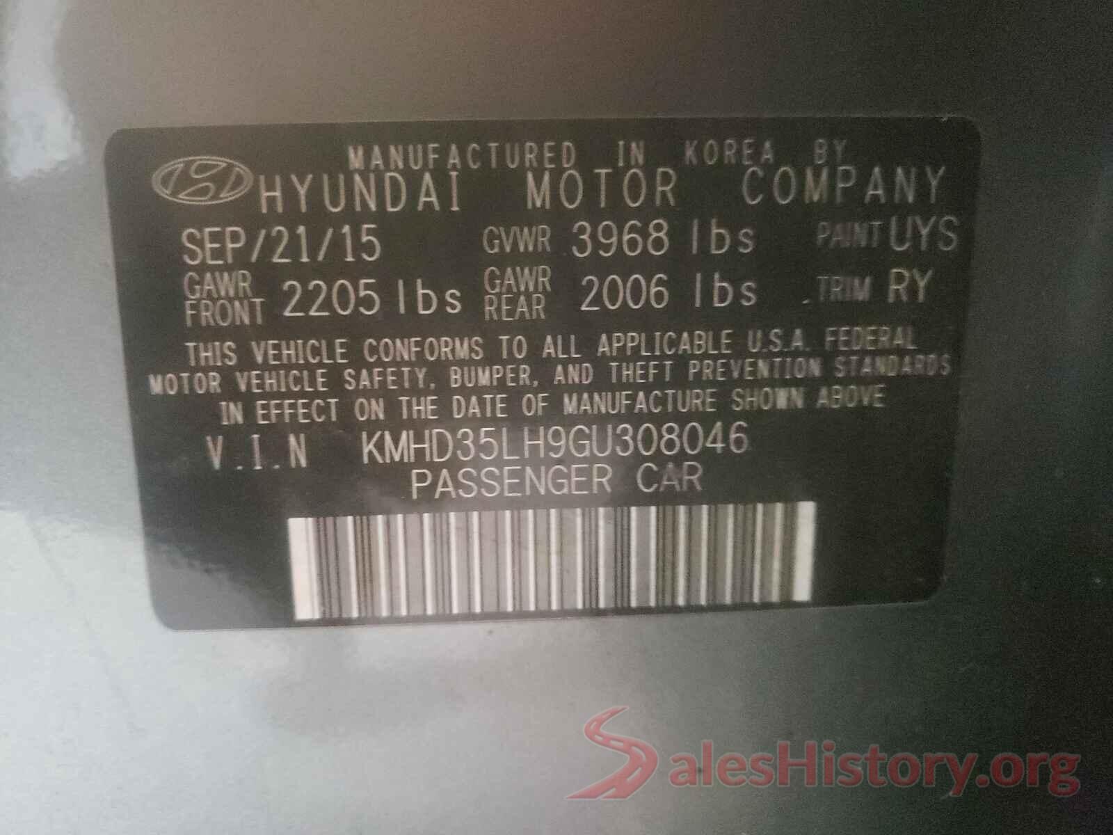 KMHD35LH9GU308046 2016 HYUNDAI ELANTRA