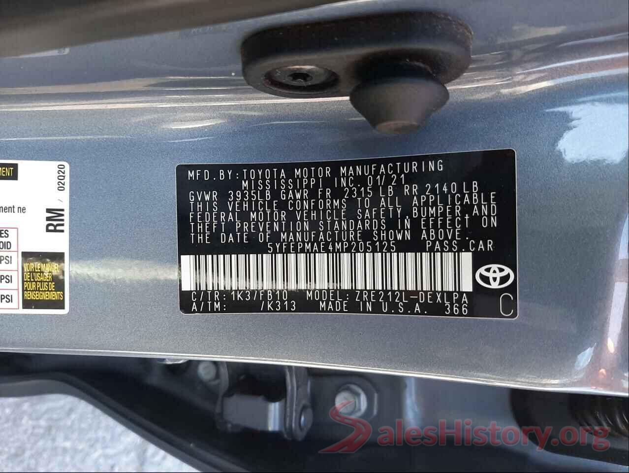 5YFEPMAE4MP205125 2021 TOYOTA COROLLA