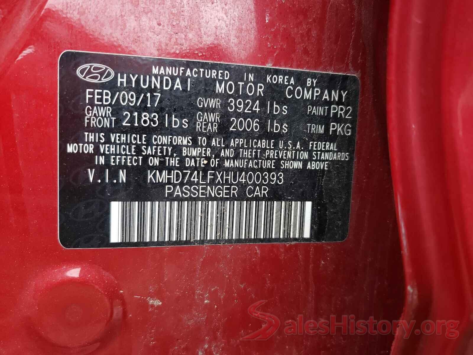 KMHD74LFXHU400393 2017 HYUNDAI ELANTRA