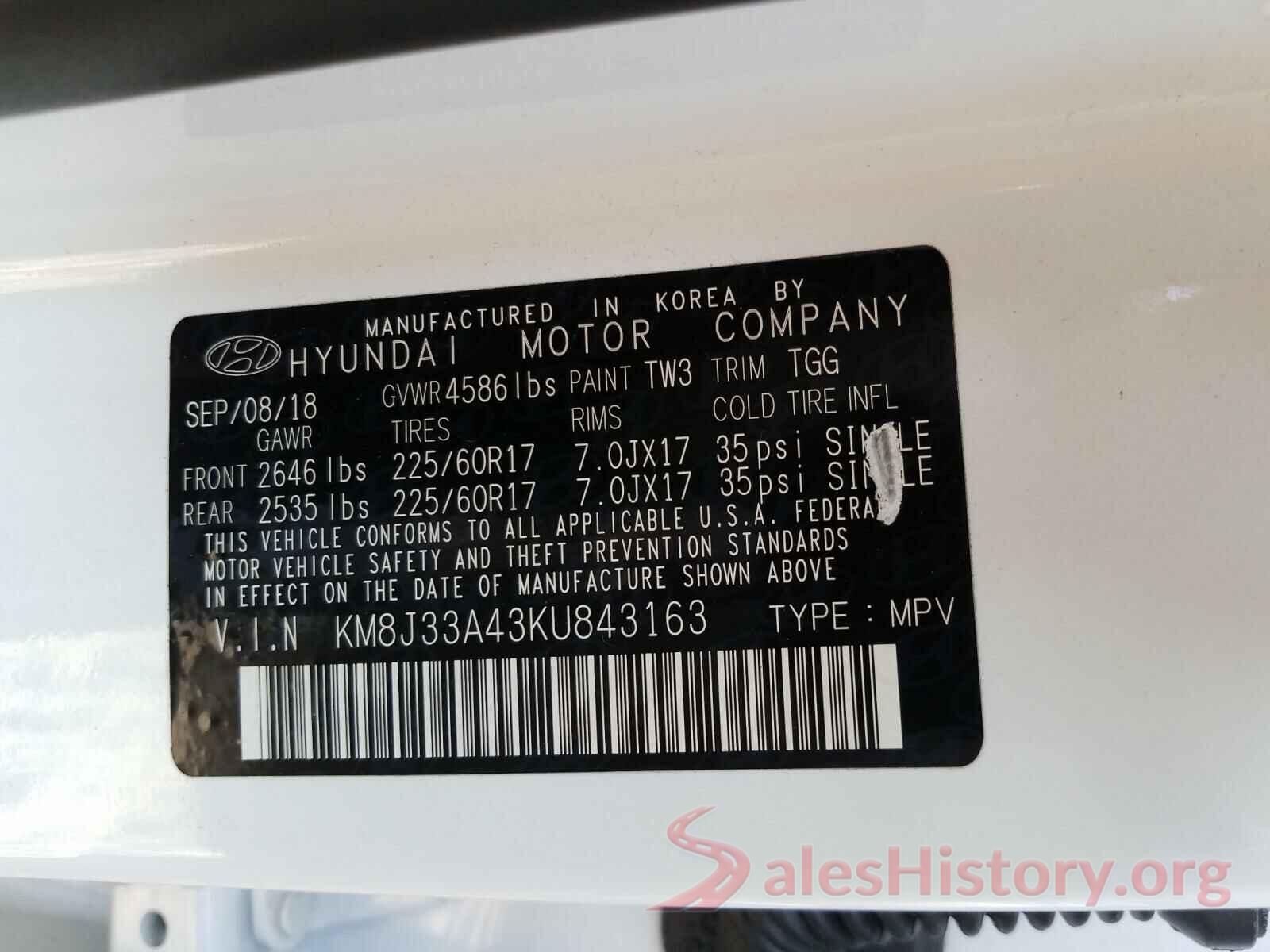 KM8J33A43KU843163 2019 HYUNDAI TUCSON