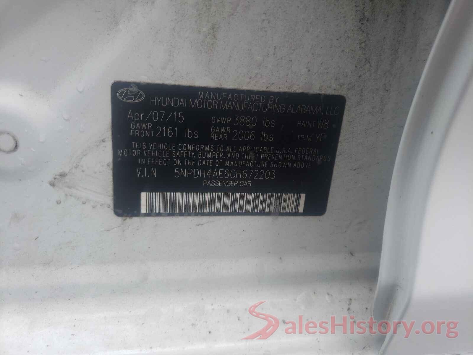 5NPDH4AE6GH672203 2016 HYUNDAI ELANTRA