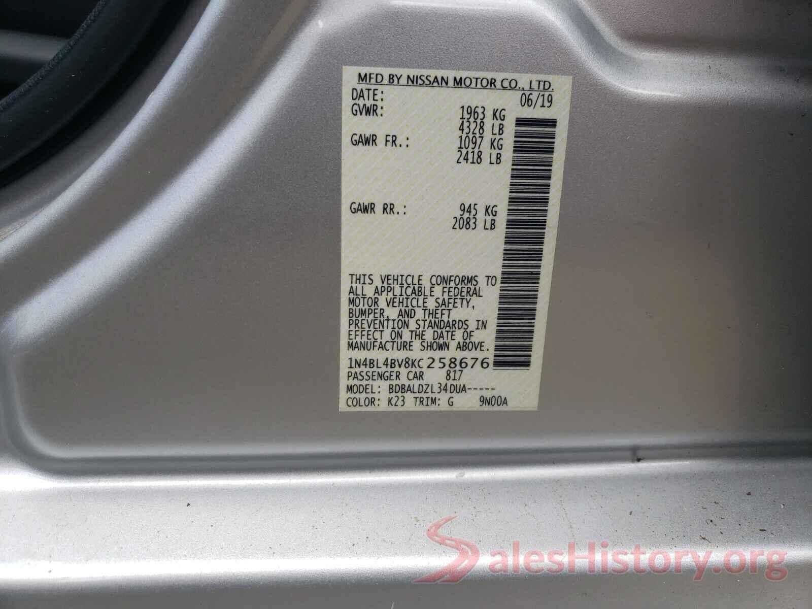 1N4BL4BV8KC258676 2019 NISSAN ALTIMA