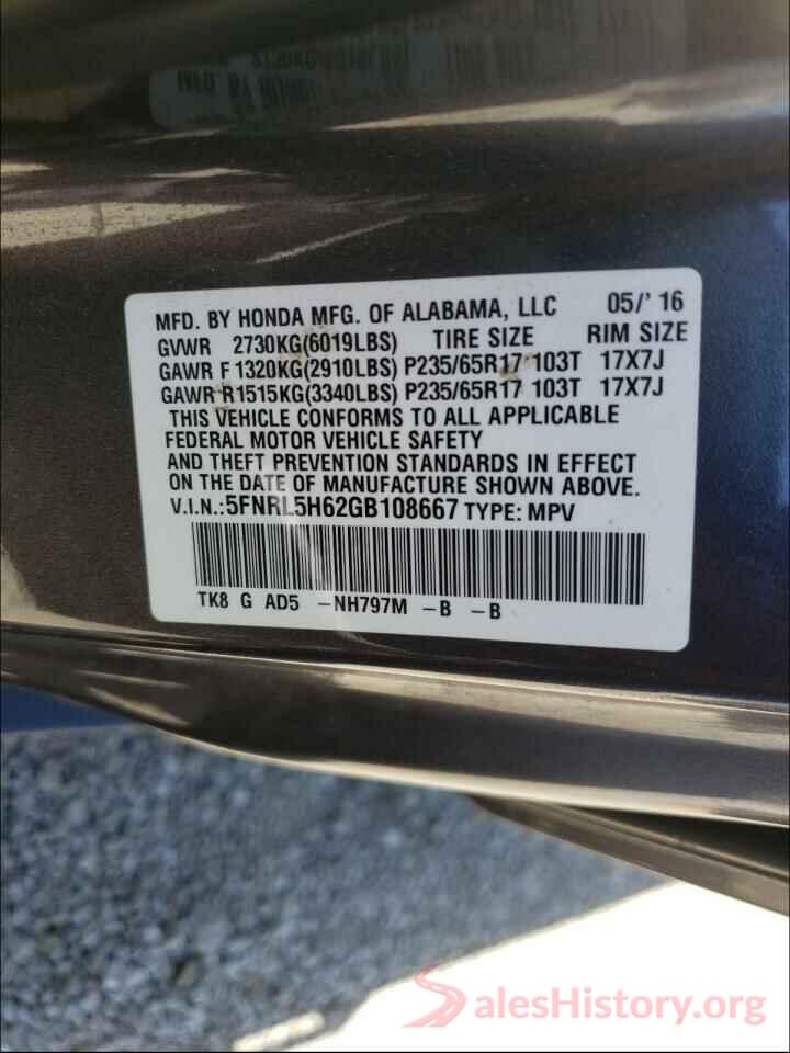 5FNRL5H62GB108667 2016 HONDA ODYSSEY