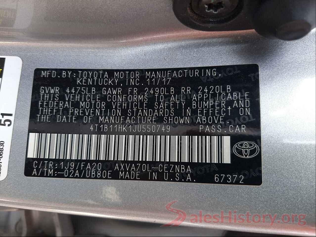 4T1B11HK1JU550749 2018 TOYOTA CAMRY