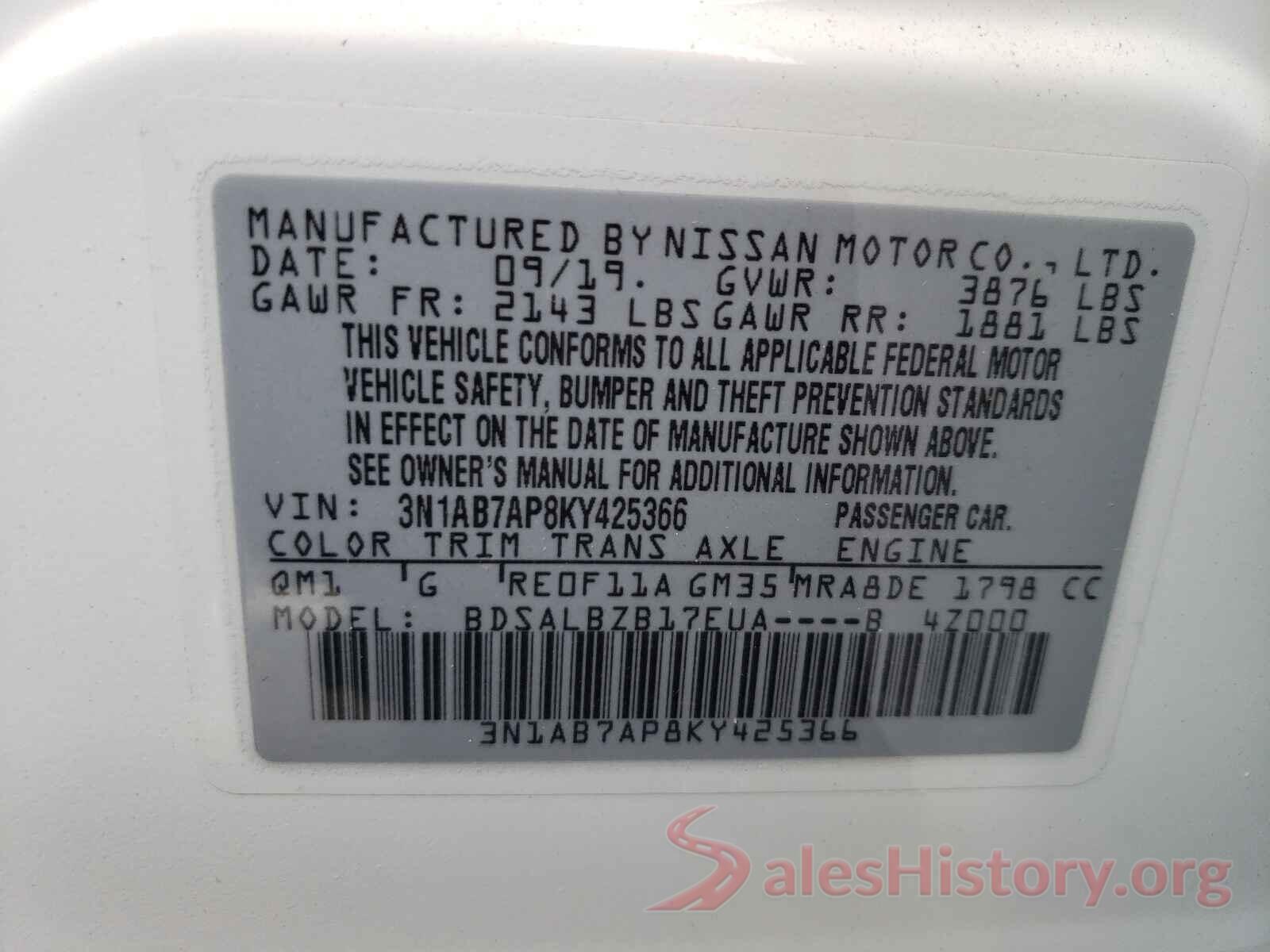 3N1AB7AP8KY425366 2019 NISSAN SENTRA