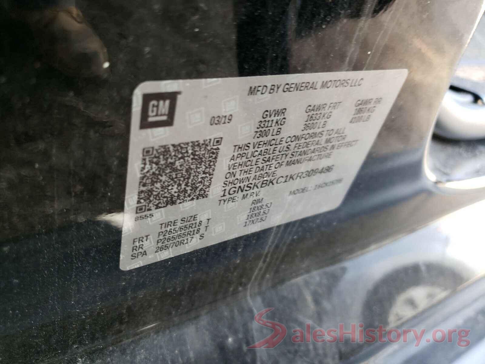 1GNSKBKC1KR309486 2019 CHEVROLET TAHOE