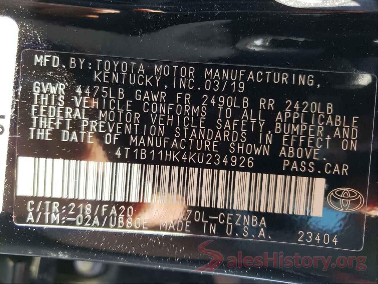 4T1B11HK4KU234926 2019 TOYOTA CAMRY