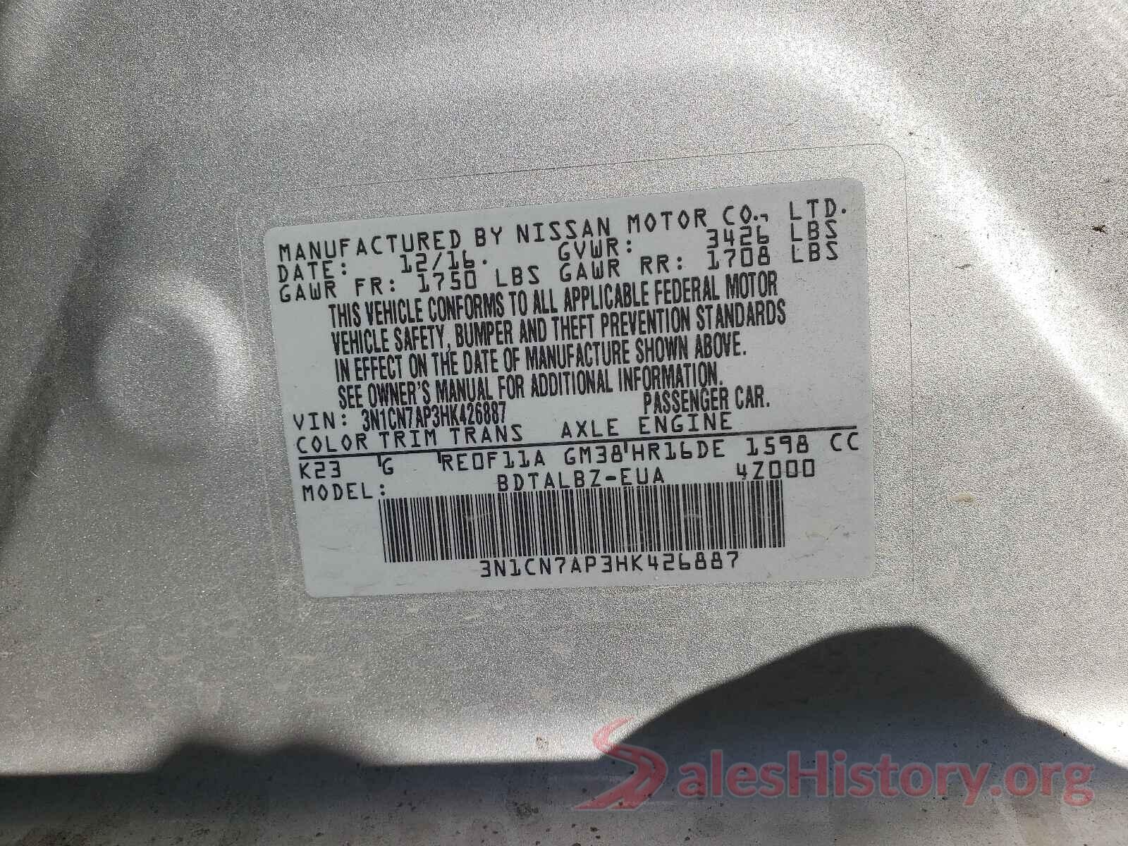 3N1CN7AP3HK426887 2017 NISSAN VERSA