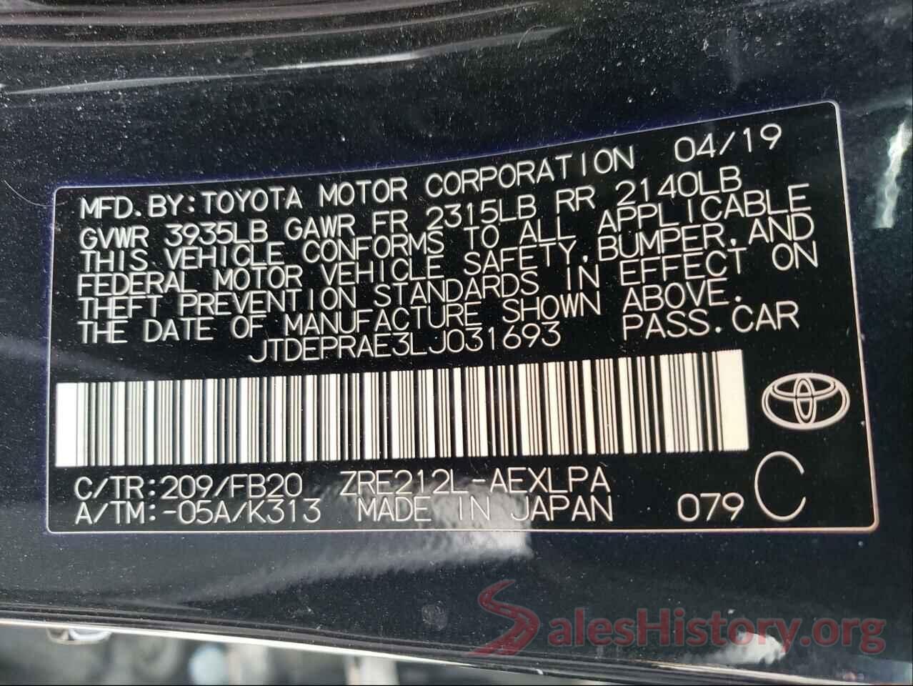 JTDEPRAE3LJ031693 2020 TOYOTA COROLLA