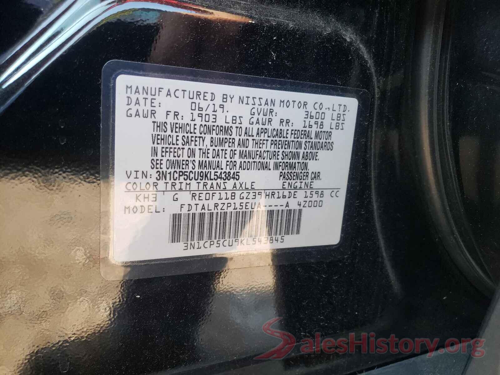 3N1CP5CU9KL543845 2019 NISSAN KICKS