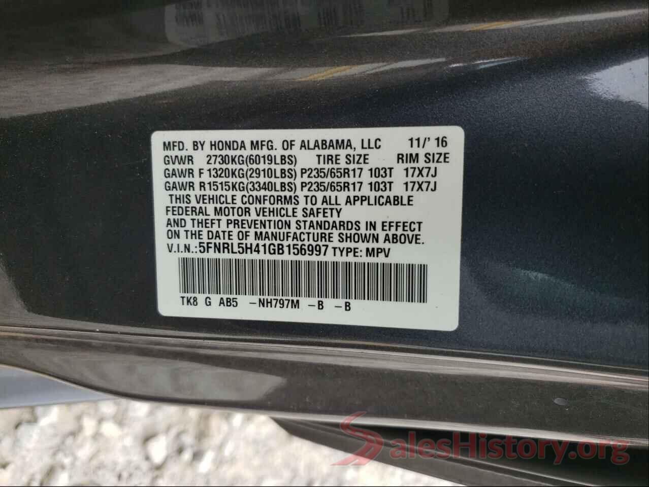 5FNRL5H41GB156997 2016 HONDA ODYSSEY