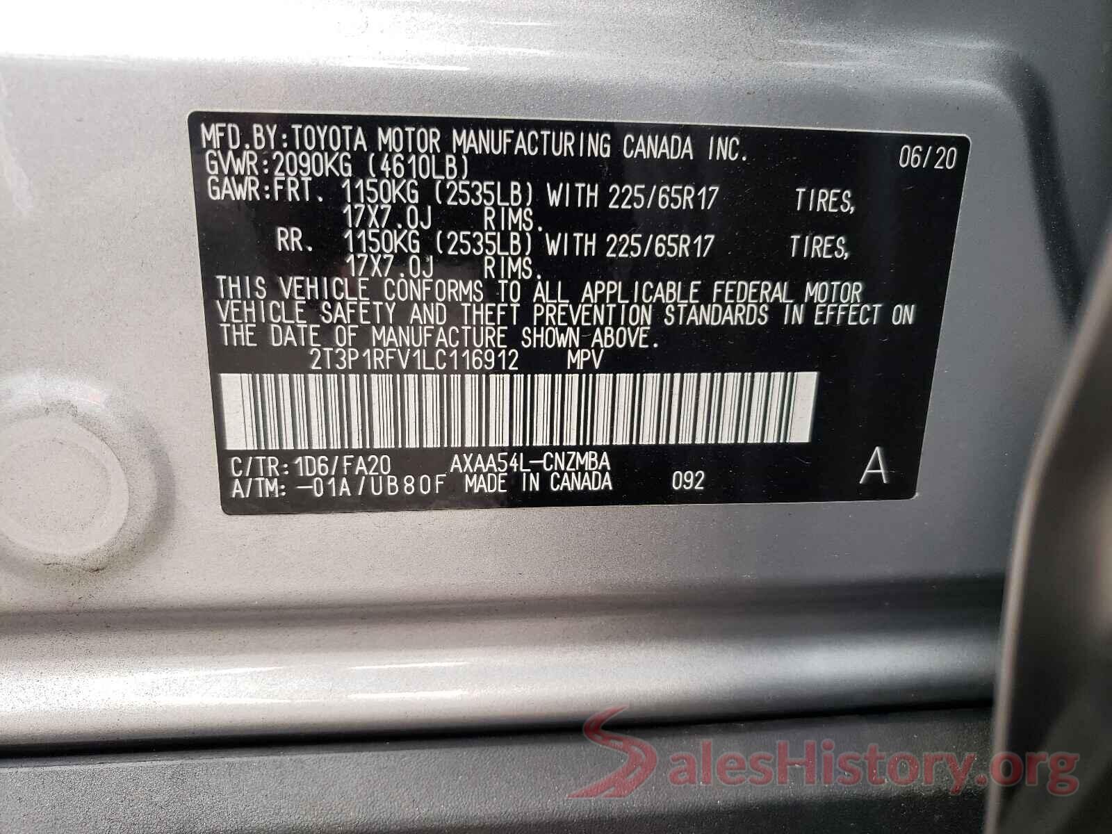 2T3P1RFV1LC116912 2020 TOYOTA RAV4