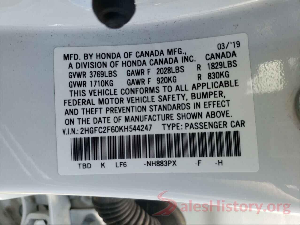 2HGFC2F60KH544247 2019 HONDA CIVIC