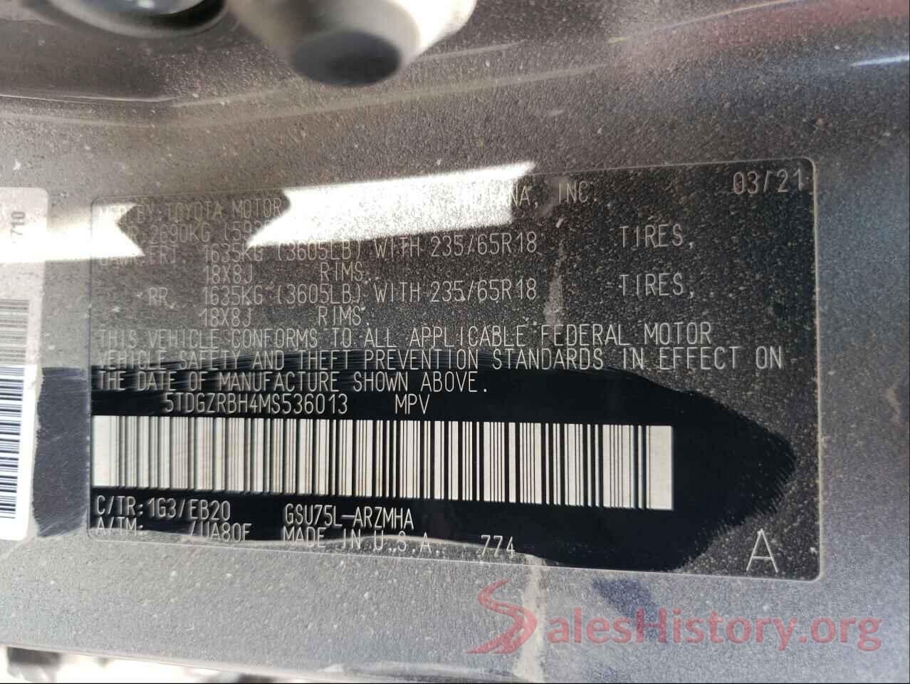 5TDGZRBH4MS536013 2021 TOYOTA HIGHLANDER