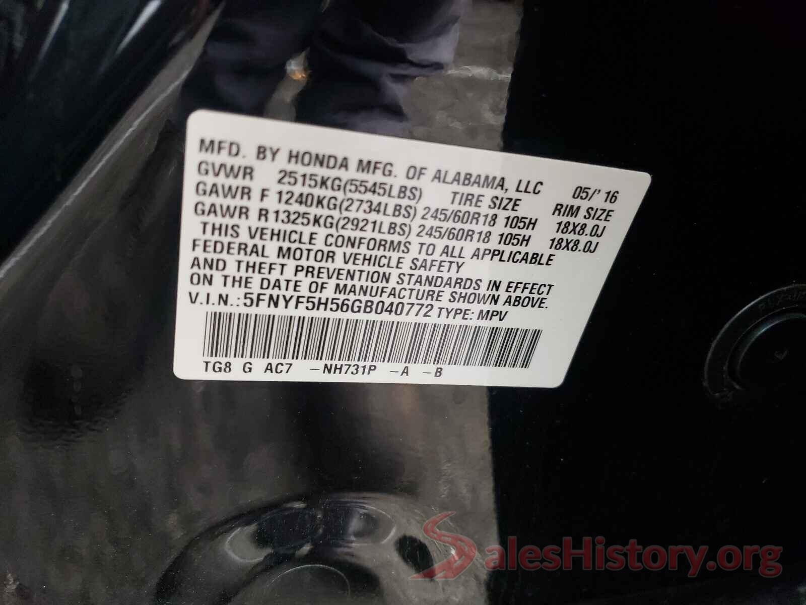 5FNYF5H56GB040772 2016 HONDA PILOT