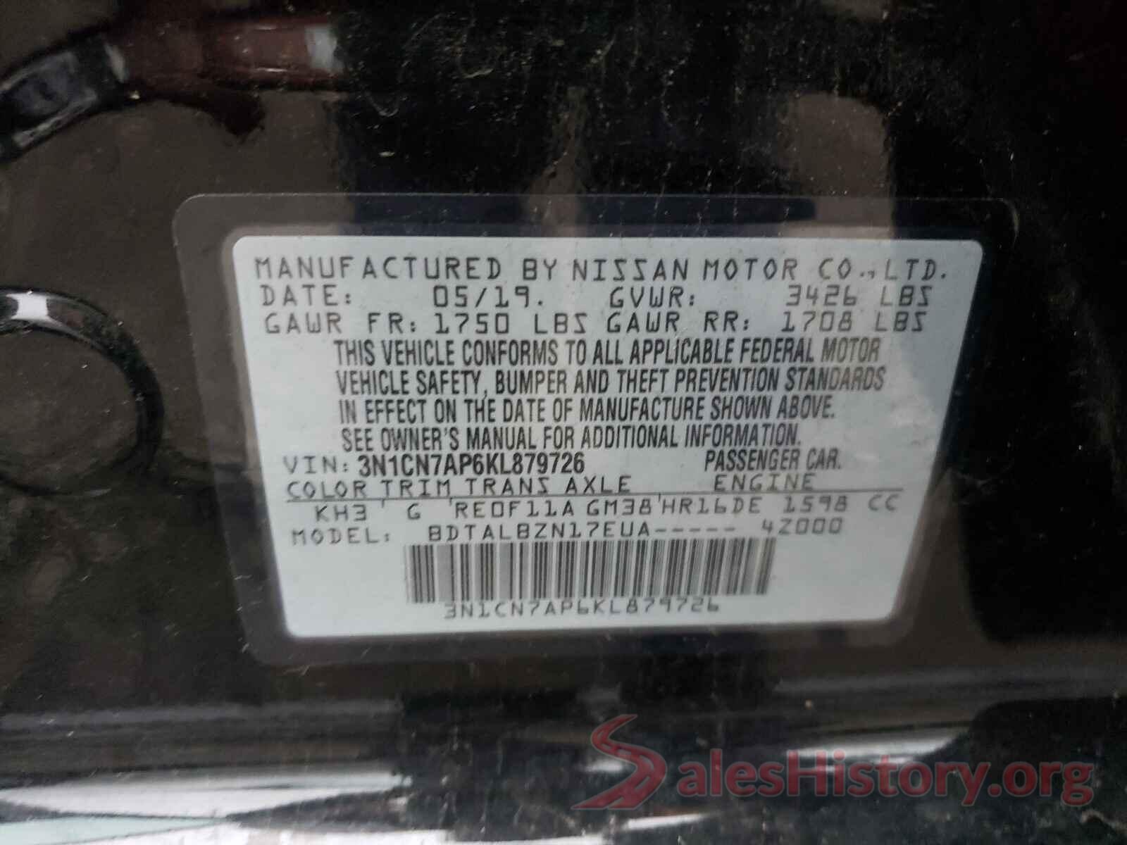 3N1CN7AP6KL879726 2019 NISSAN VERSA