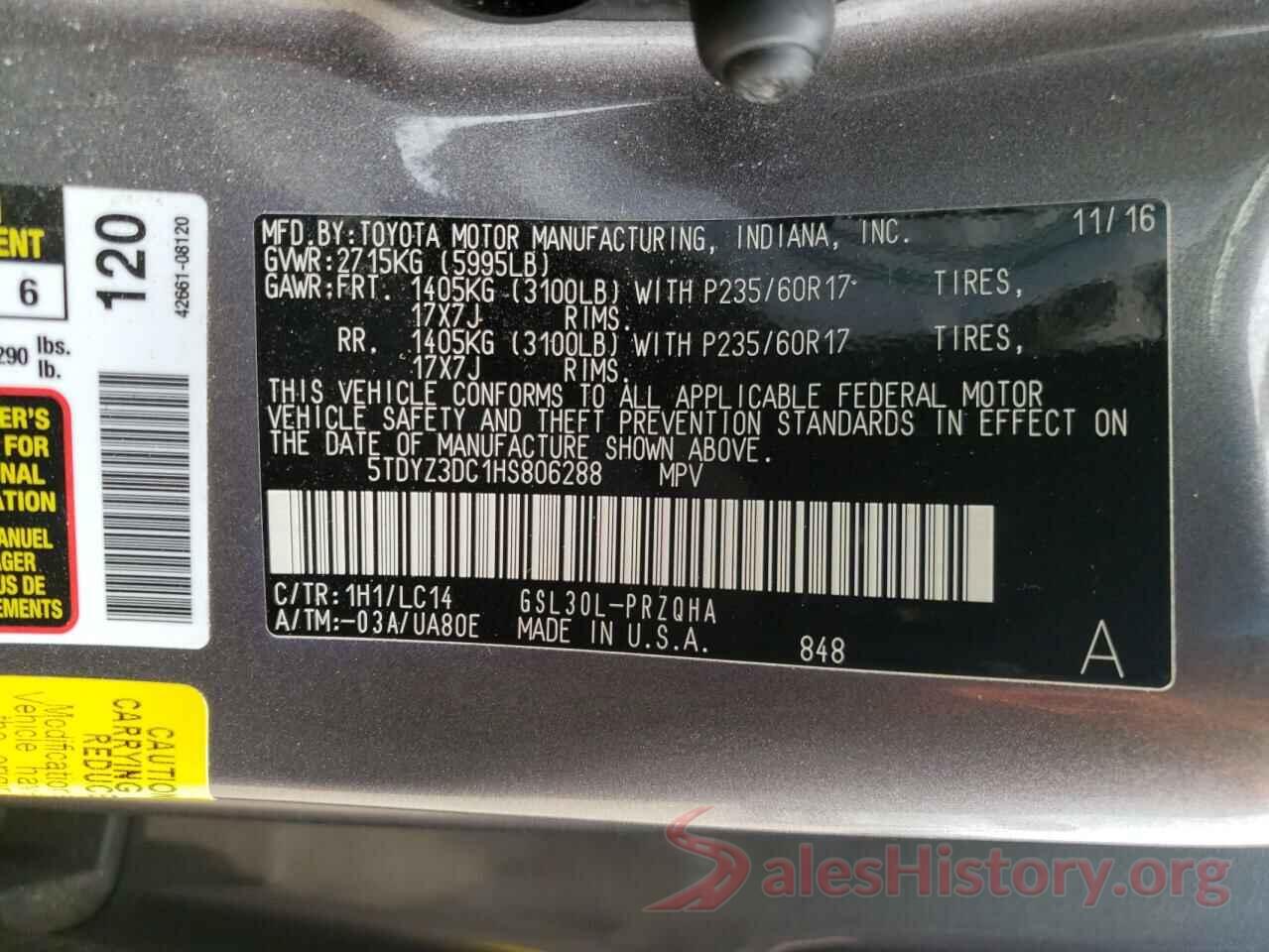 5TDYZ3DC1HS806288 2017 TOYOTA SIENNA