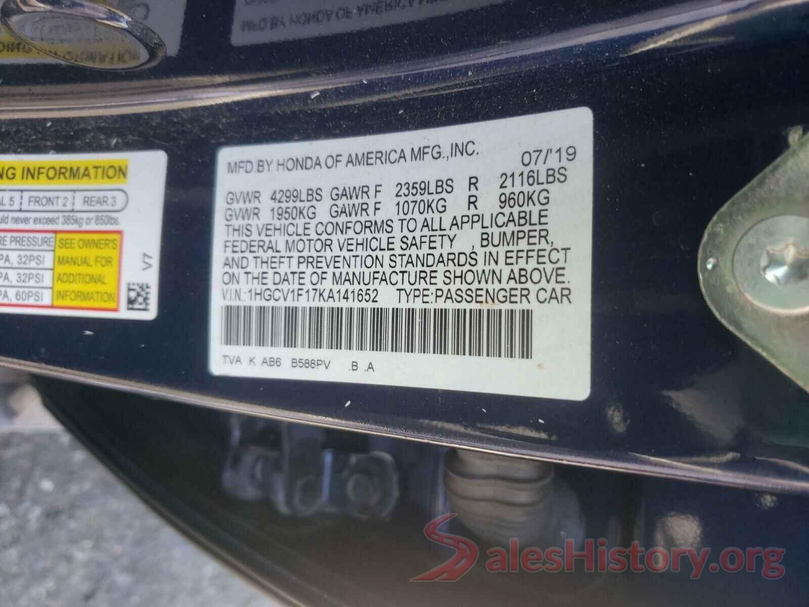 1HGCV1F17KA141652 2019 HONDA ACCORD