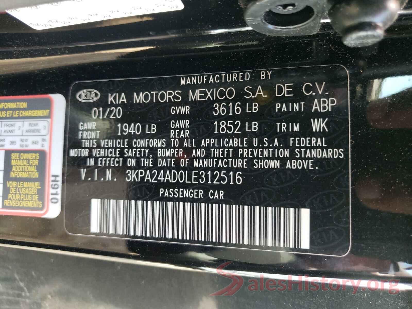 3KPA24AD0LE312516 2020 KIA RIO