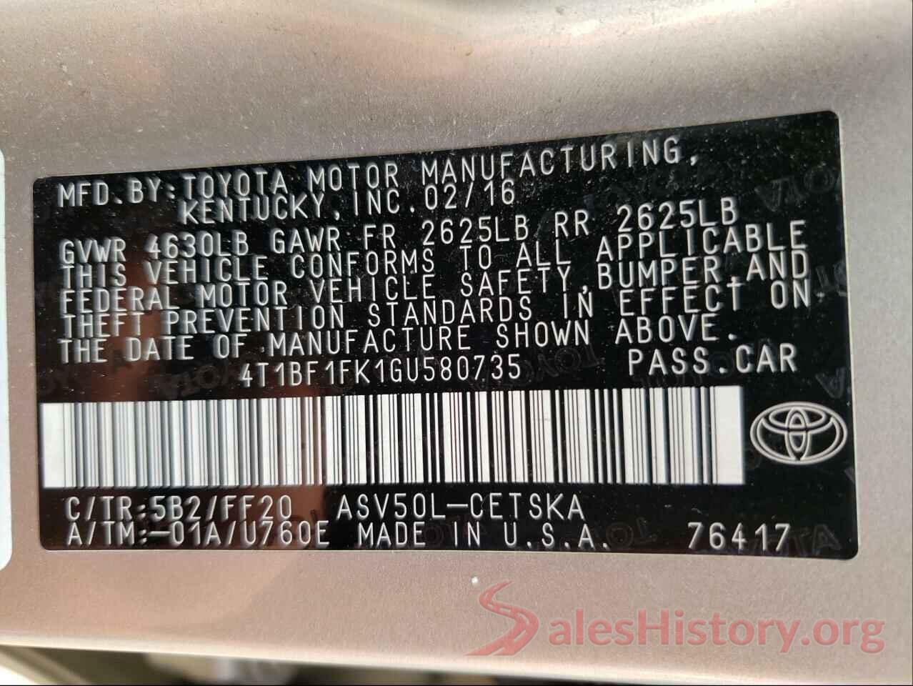 4T1BF1FK1GU580735 2016 TOYOTA CAMRY