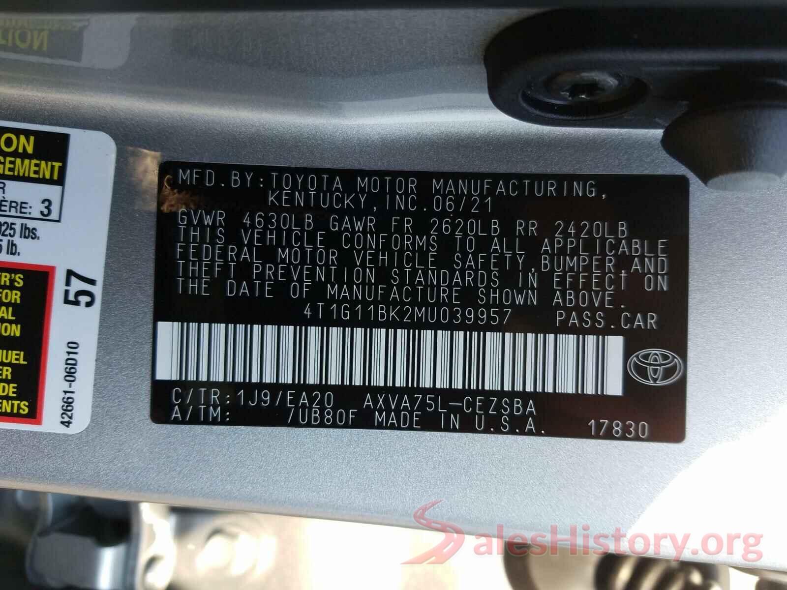 4T1G11BK2MU039957 2021 TOYOTA CAMRY