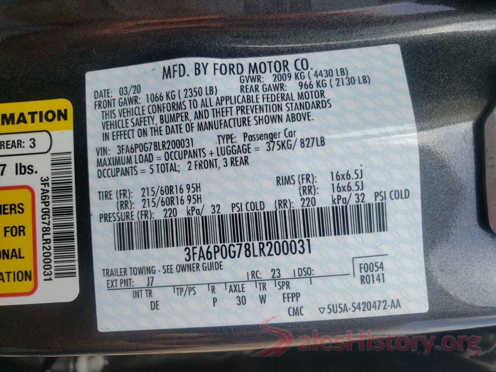 3FA6P0G78LR200031 2020 FORD FUSION