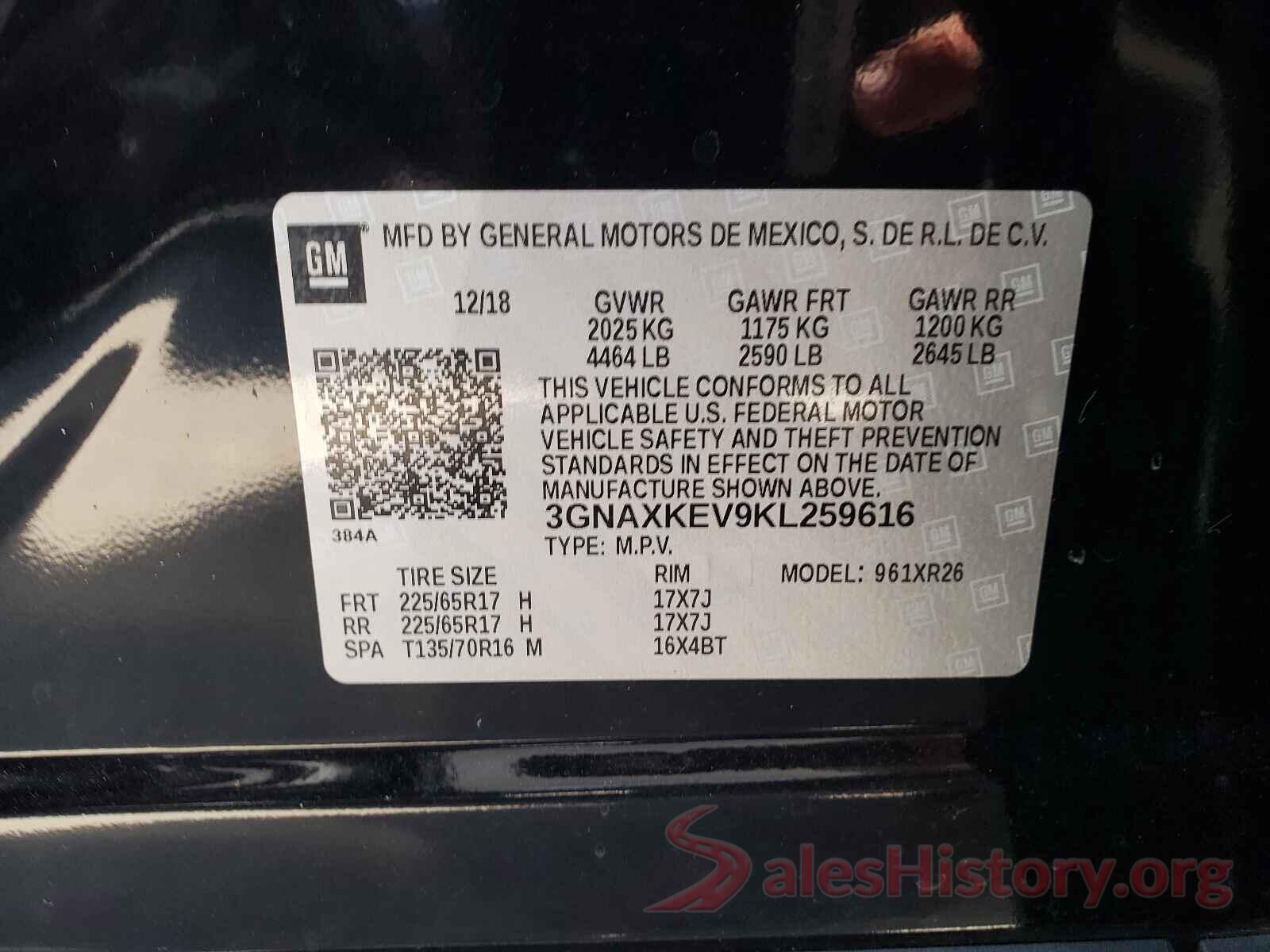 3GNAXKEV9KL259616 2019 CHEVROLET EQUINOX