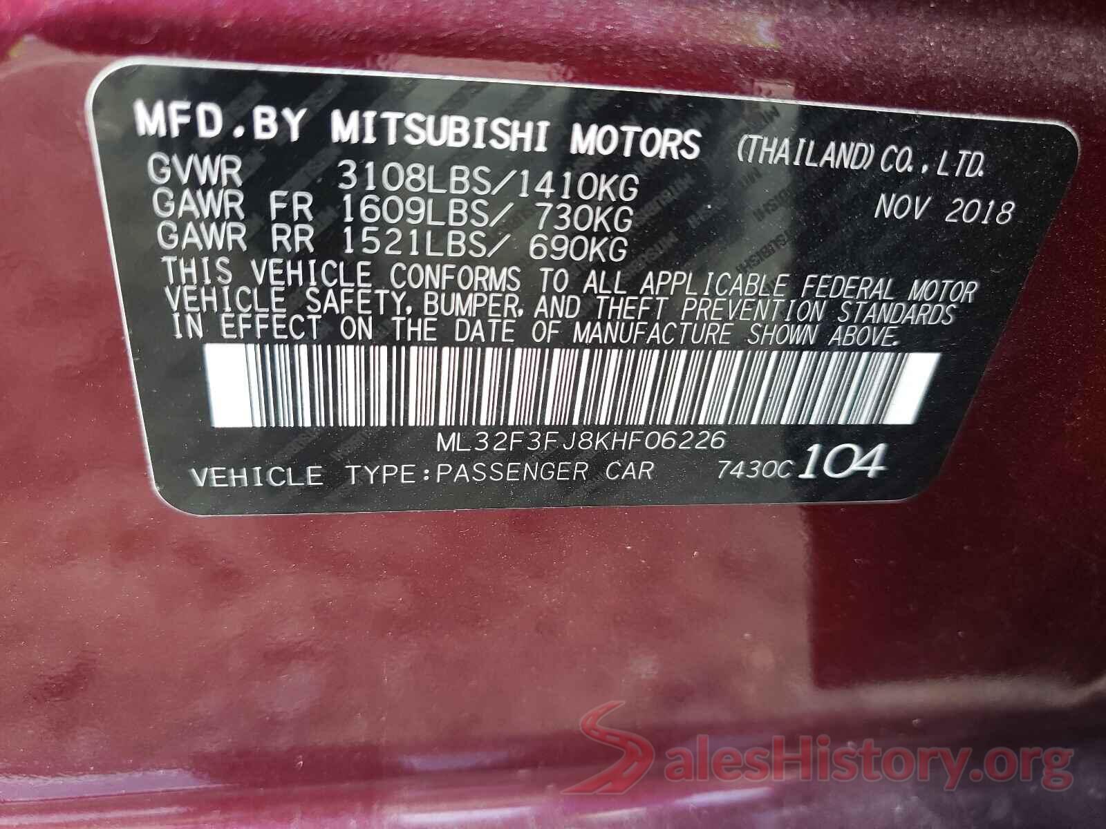 ML32F3FJ8KHF06226 2019 MITSUBISHI MIRAGE