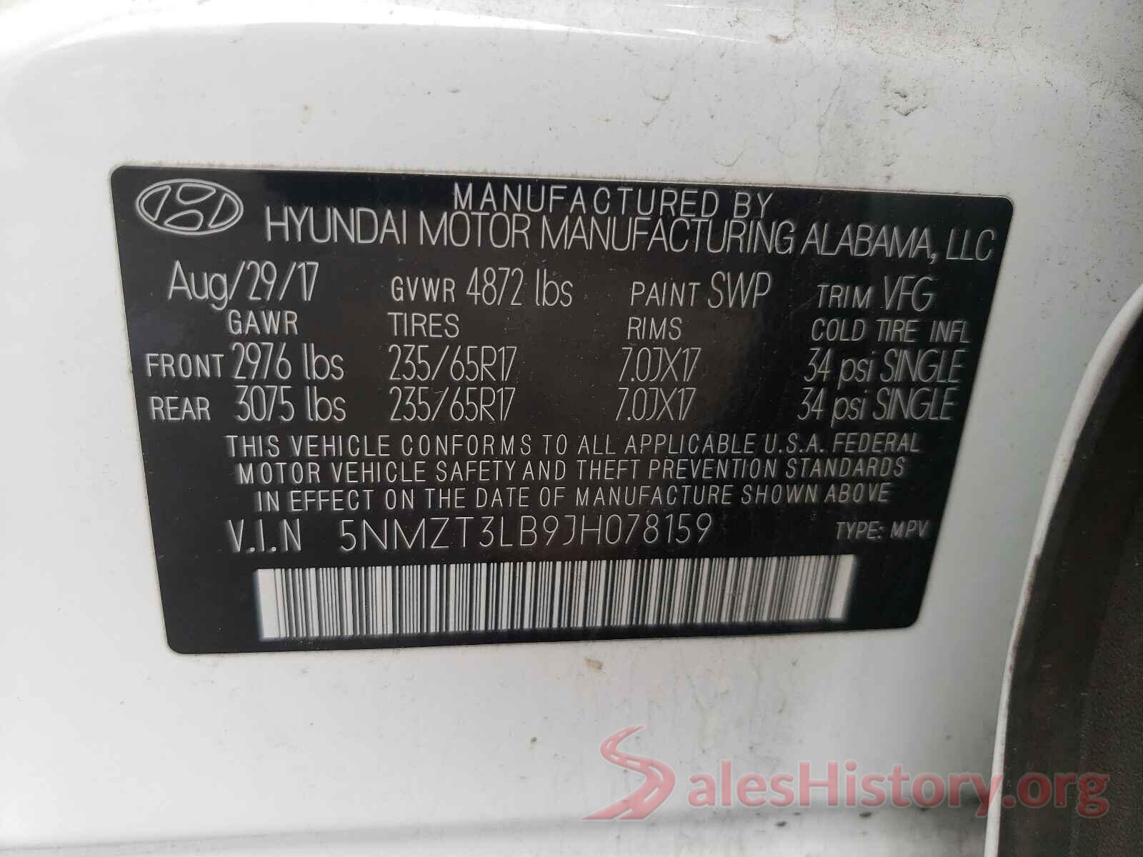 5NMZT3LB9JH078159 2018 HYUNDAI SANTA FE