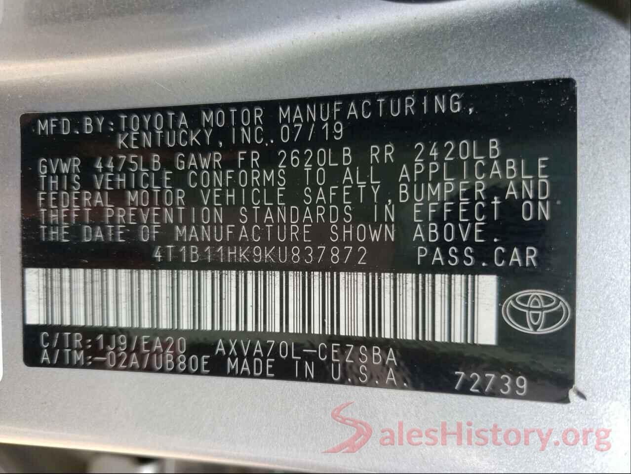 4T1B11HK9KU837872 2019 TOYOTA CAMRY