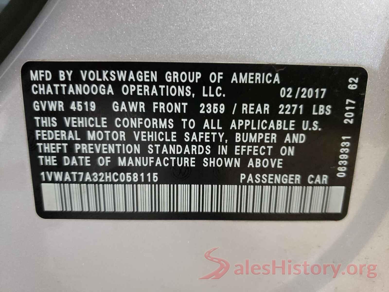 1VWAT7A32HC058115 2017 VOLKSWAGEN PASSAT