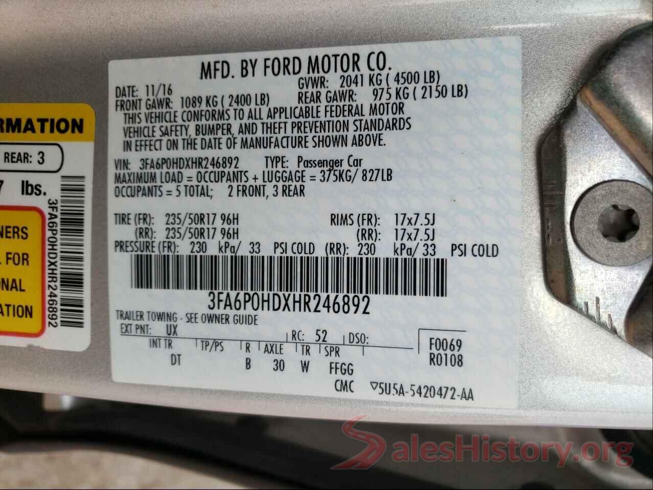 3FA6P0HDXHR246892 2017 FORD FUSION