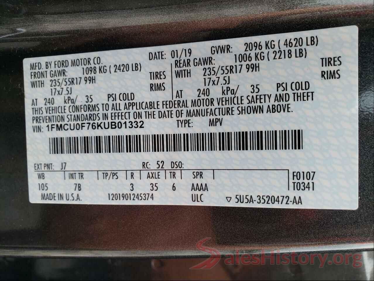 1FMCU0F76KUB01332 2019 FORD ESCAPE