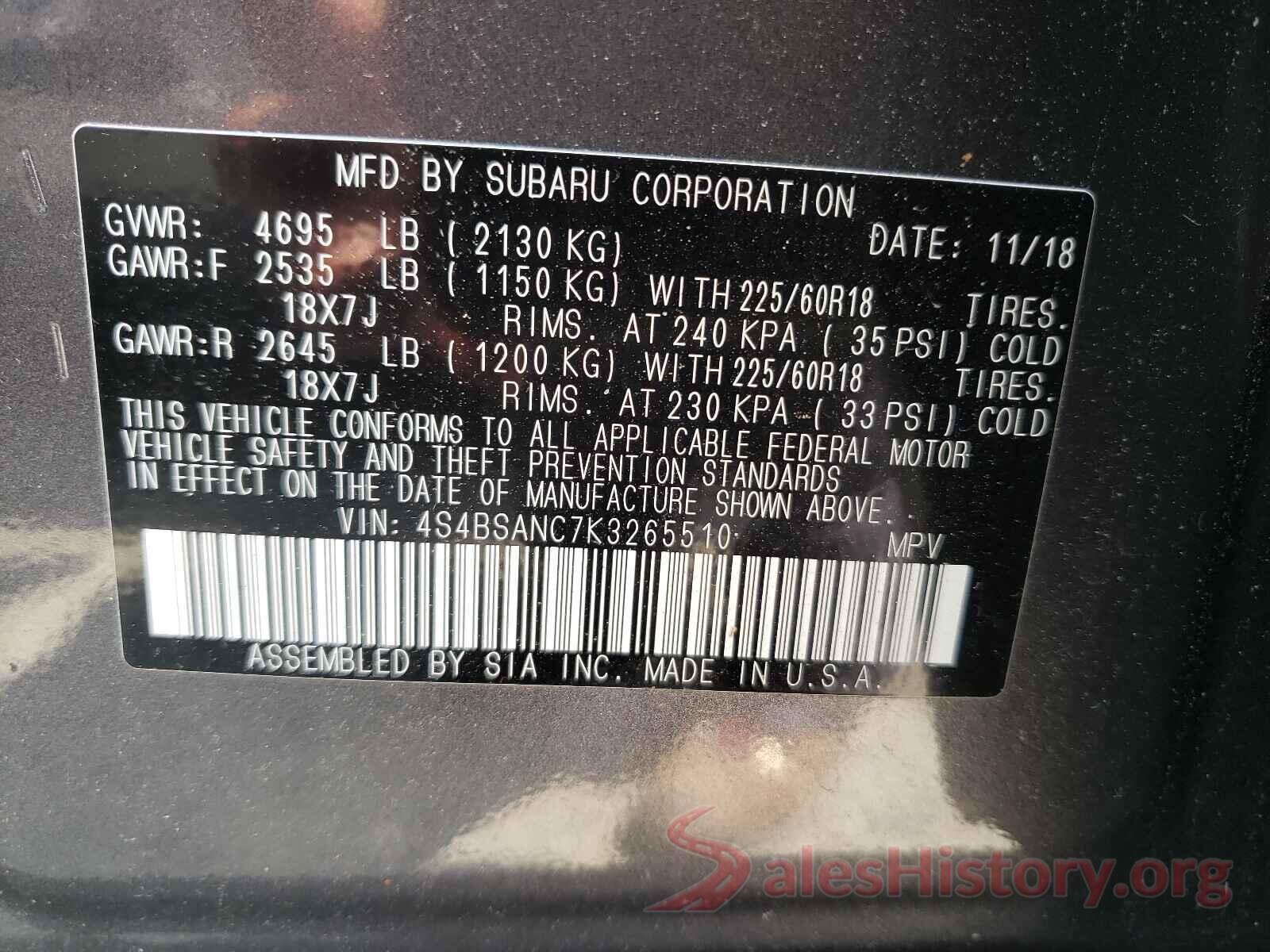 4S4BSANC7K3265510 2019 SUBARU OUTBACK