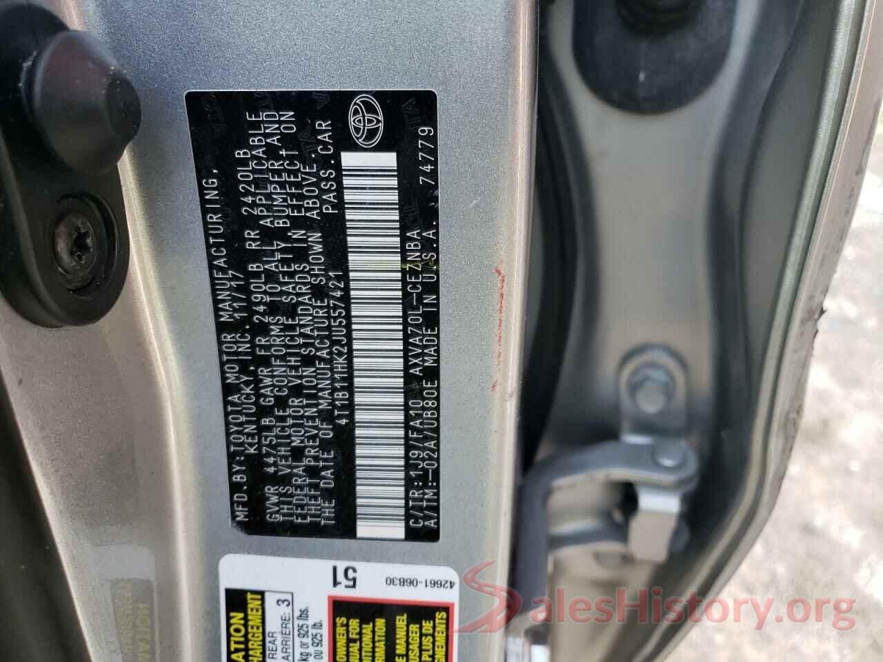 4T1B11HK2JU557421 2018 TOYOTA CAMRY