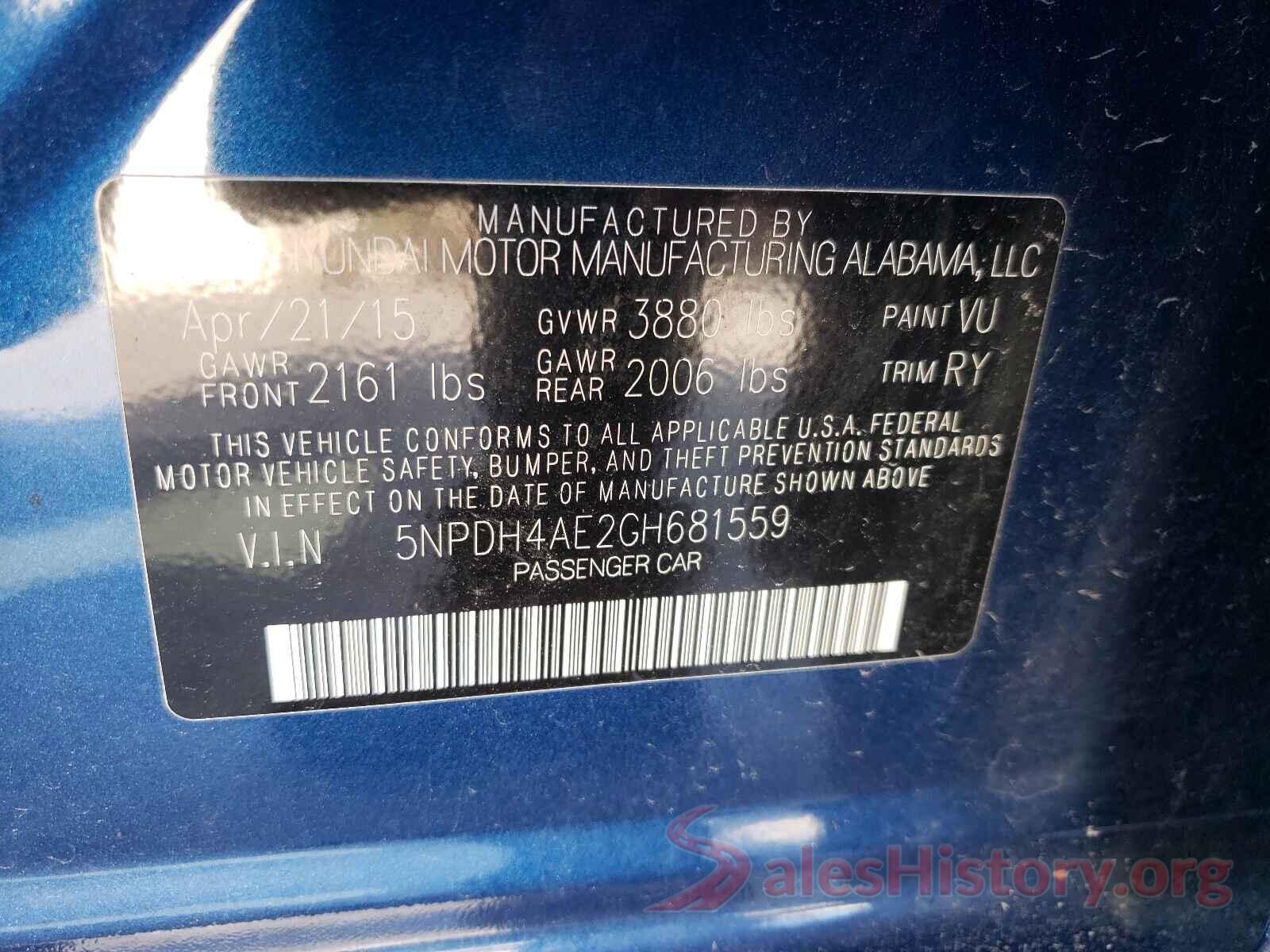 5NPDH4AE2GH681559 2016 HYUNDAI ELANTRA