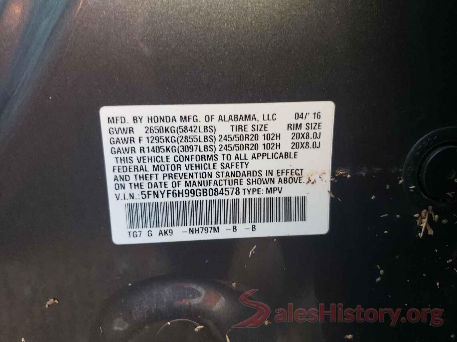 5FNYF6H99GB084578 2016 HONDA PILOT