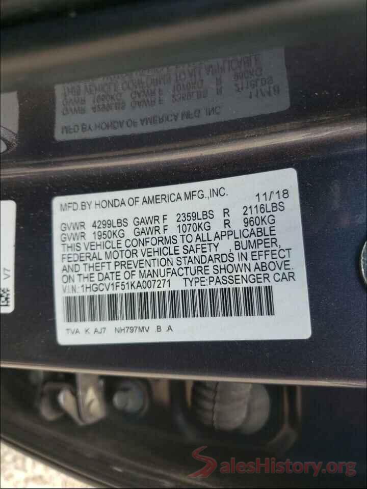 1HGCV1F51KA007271 2019 HONDA ACCORD