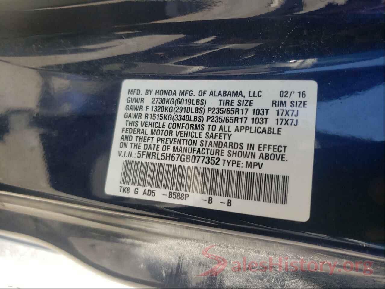 5FNRL5H67GB077352 2016 HONDA ODYSSEY