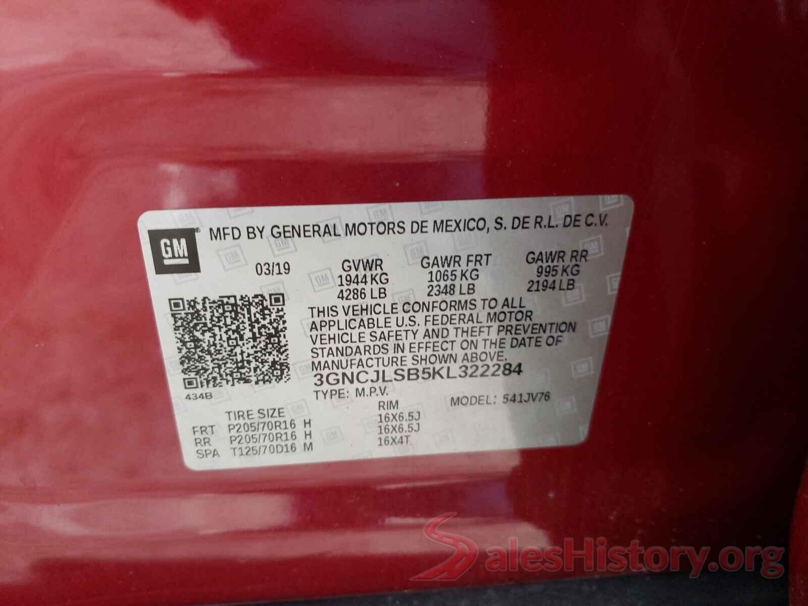 3GNCJLSB5KL322284 2019 CHEVROLET TRAX