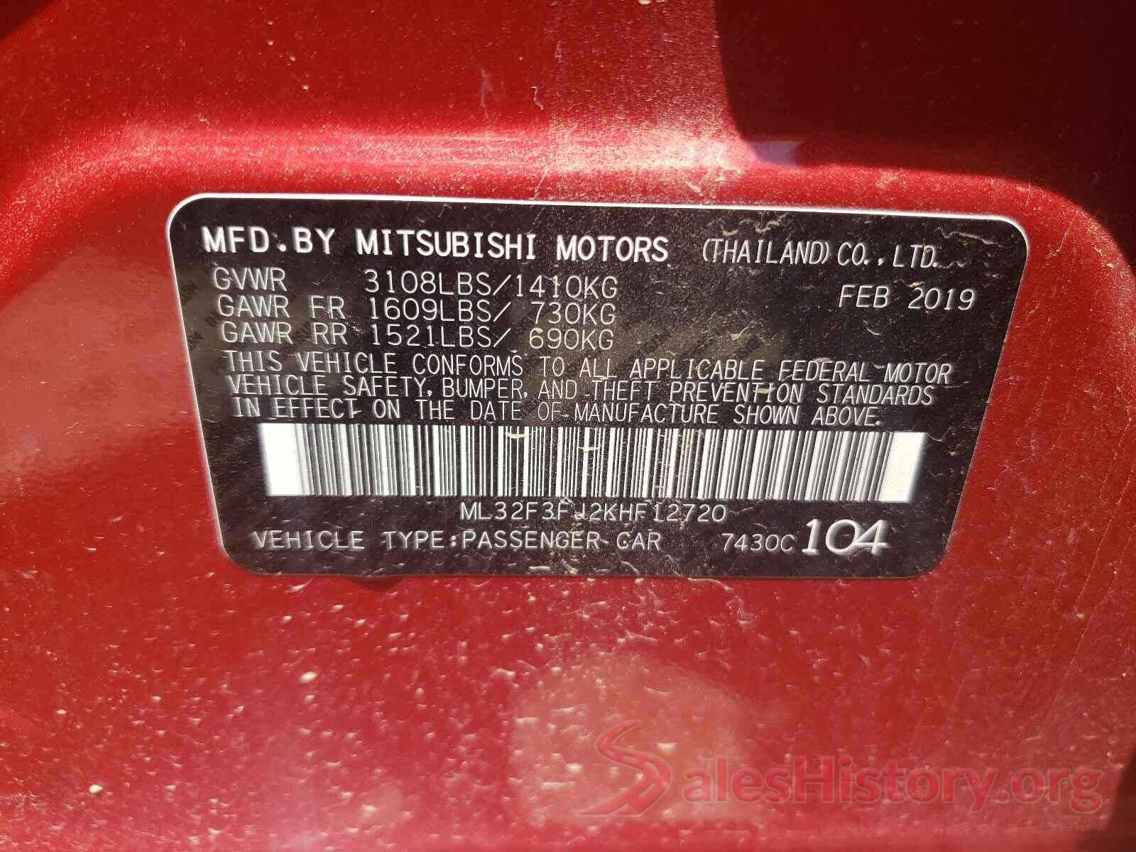 ML32F3FJ2KHF12720 2019 MITSUBISHI MIRAGE