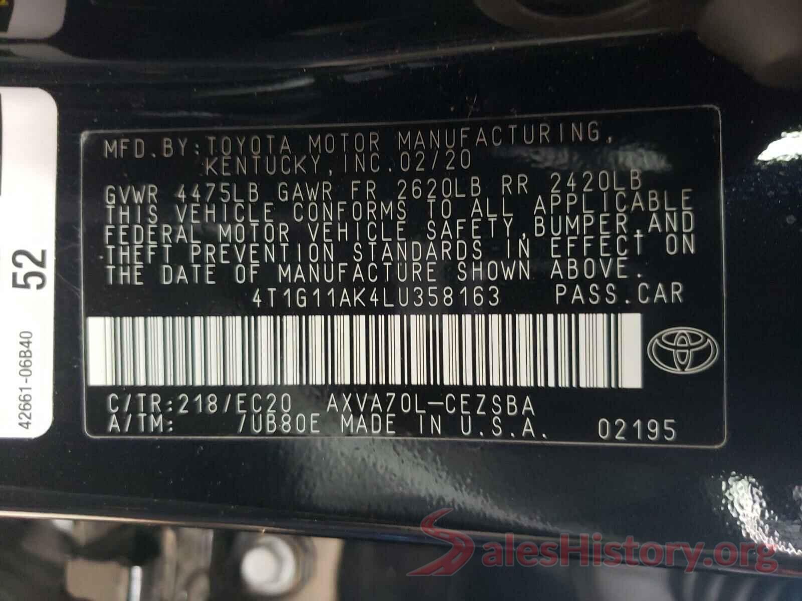 4T1G11AK4LU358163 2020 TOYOTA CAMRY