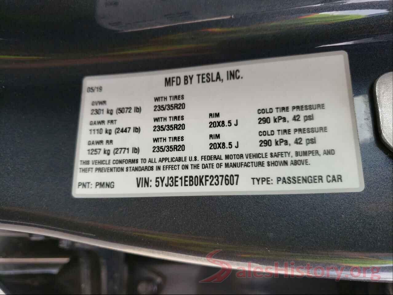 5YJ3E1EB0KF237607 2019 TESLA MODEL 3