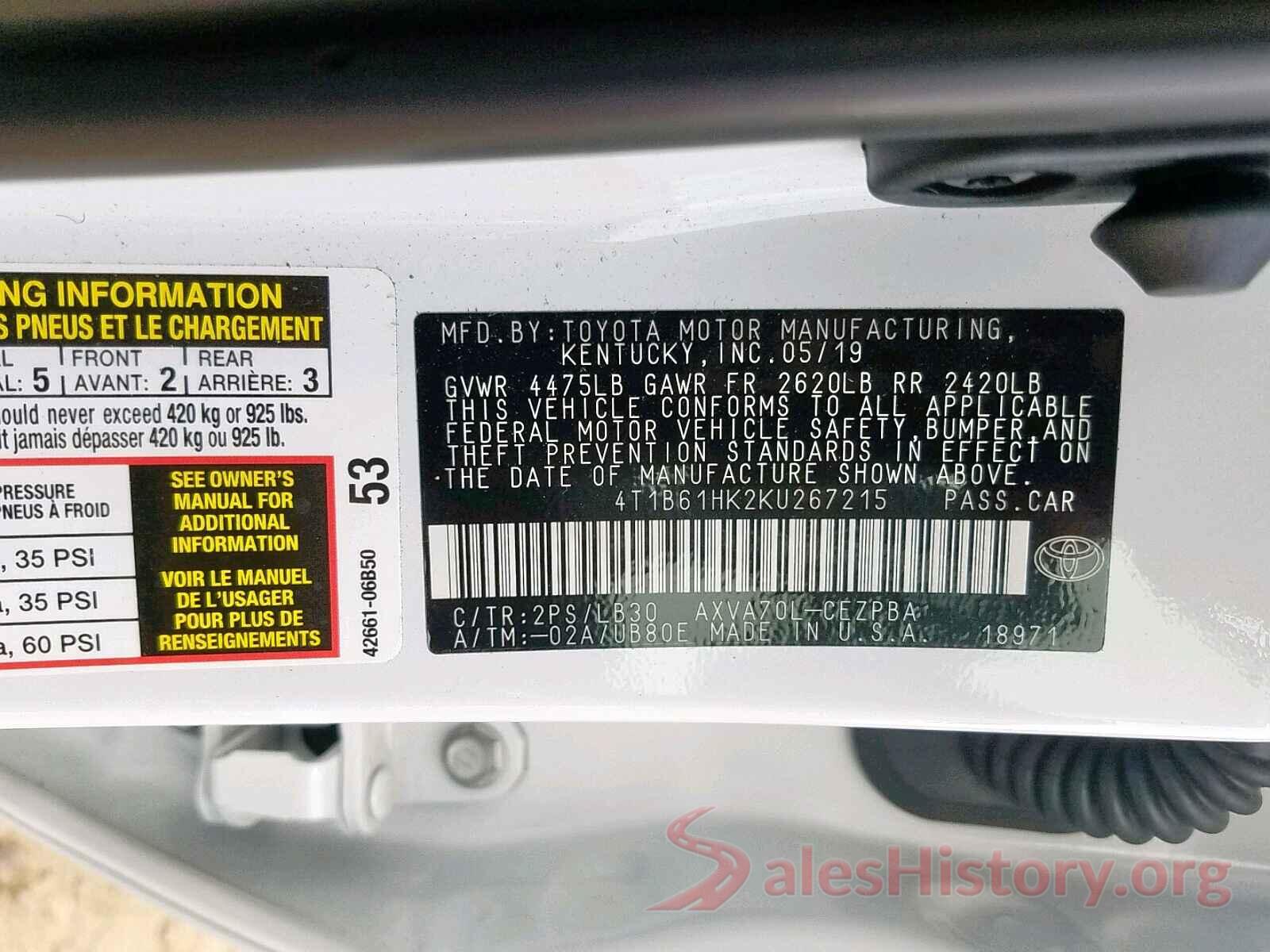 4T1B61HK2KU267215 2019 TOYOTA CAMRY