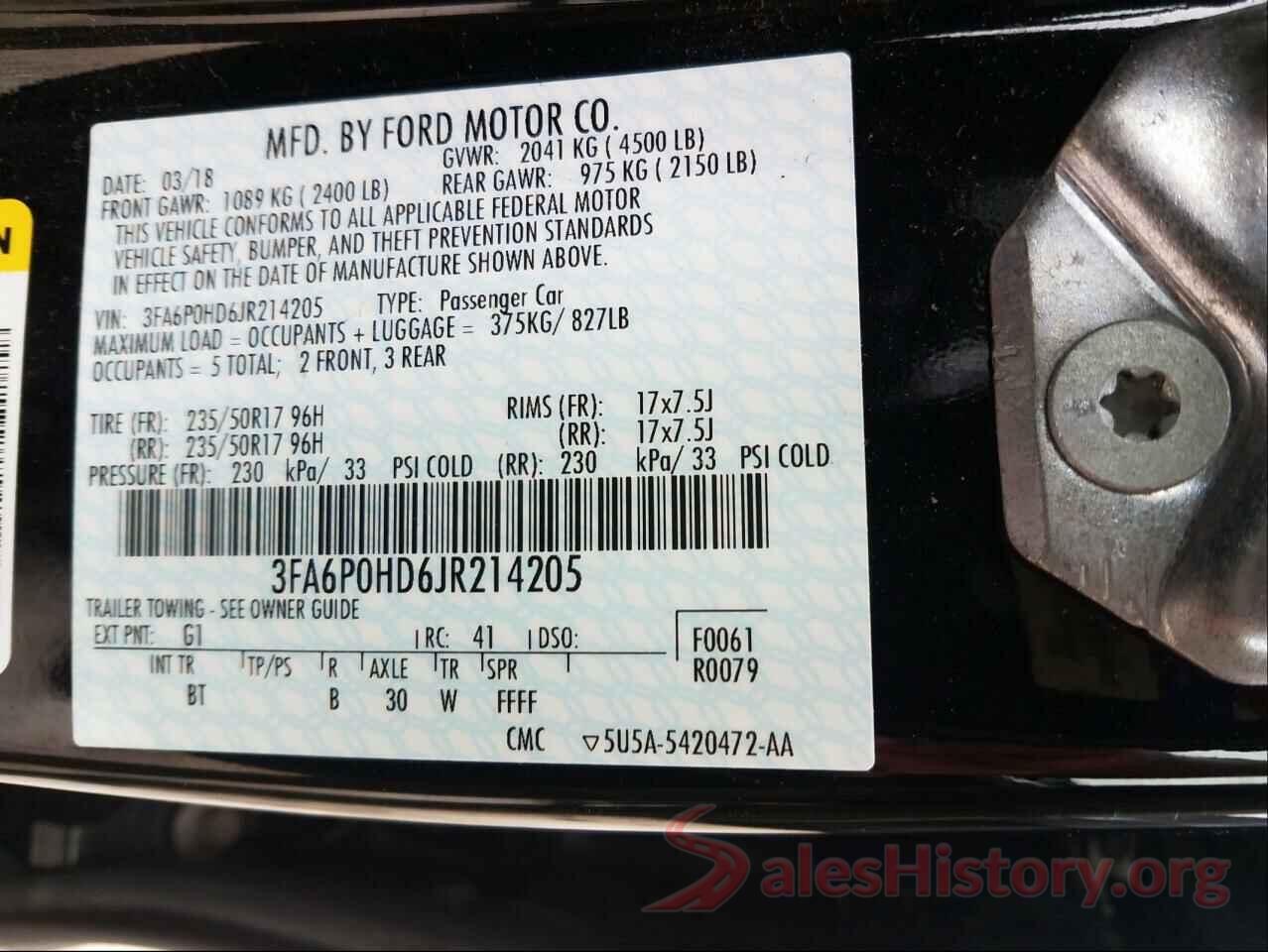 3FA6P0HD6JR214205 2018 FORD FUSION